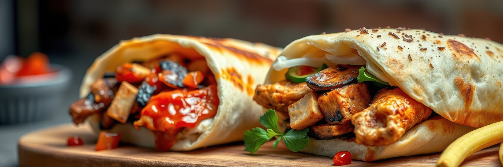 Delicious wraps filled with grilled chicken, fresh vegetables, and savory sauces on a wooden board